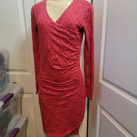 Kuhl Dress Red Print Long Sleeve Faux Wrap Ruched Display// Sample//New - Picture 6 of 11
